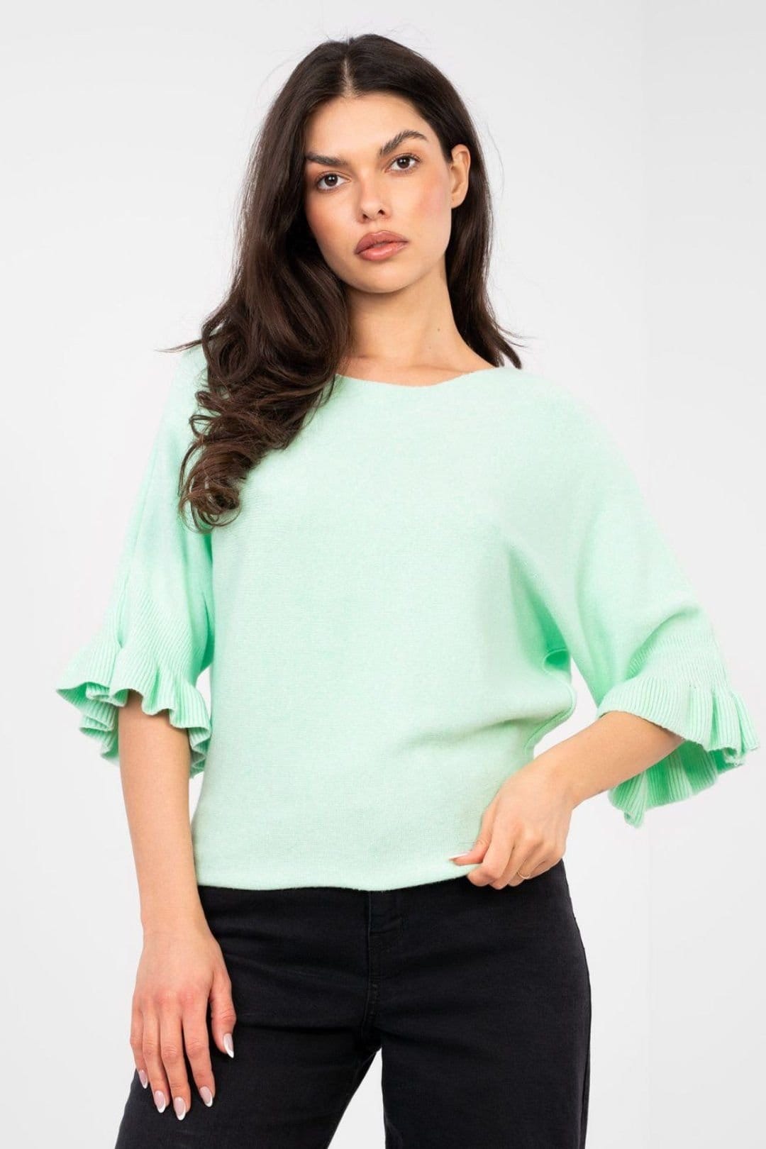 Love Lace Love Lace Women's Round Neck Ruffle Sleeve Viscose Knit Sweater in Green - 4