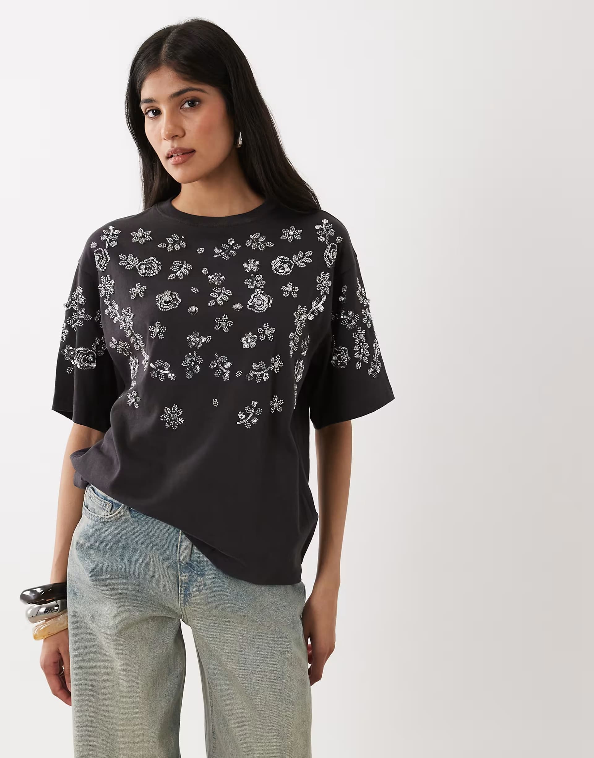 ASOS Miss Selfridge festival embellished oversized tee in charcoal