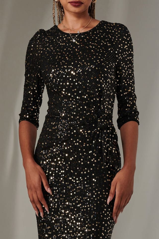 Jolie Moi Jolie Moi Women's Sleeved Sequin Embellished Shift Dress in Rose Gold - 3