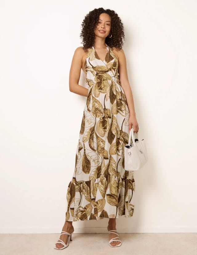 Blue Vanilla Leaf Print Halter Neck Dress - 2