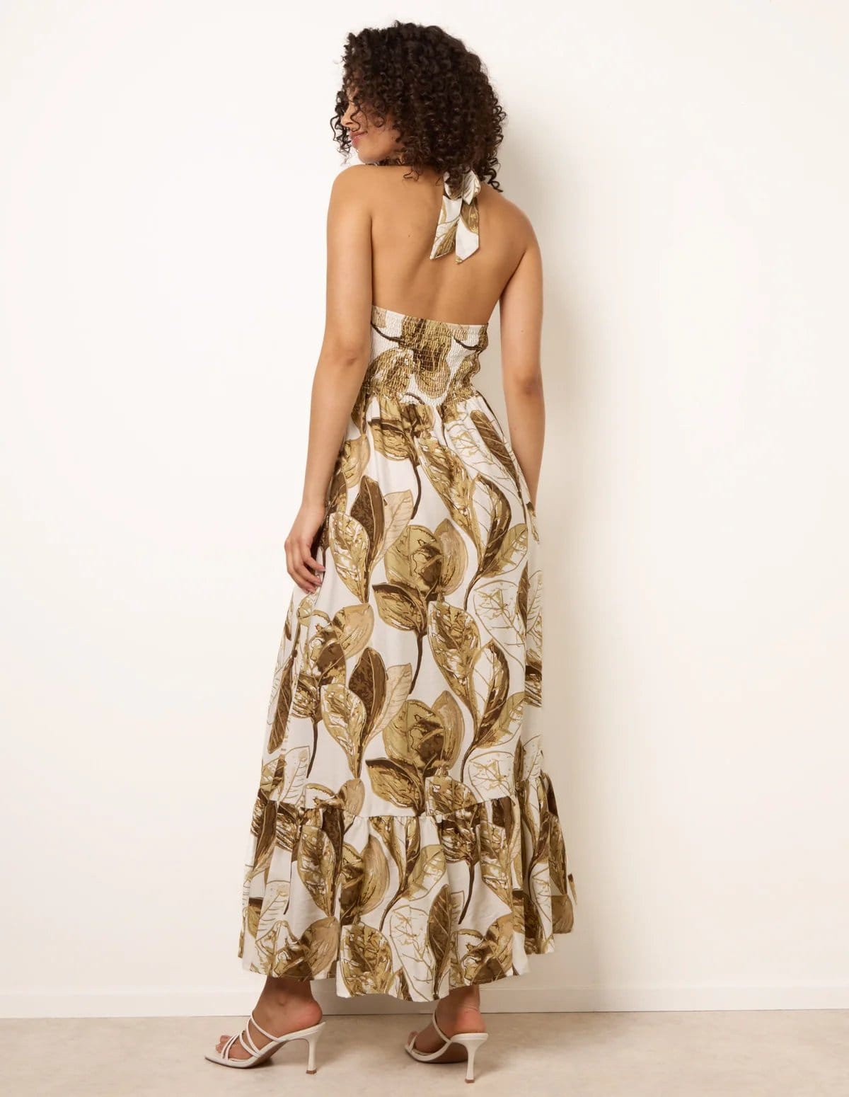 Blue Vanilla Leaf Print Halter Neck Dress - 4