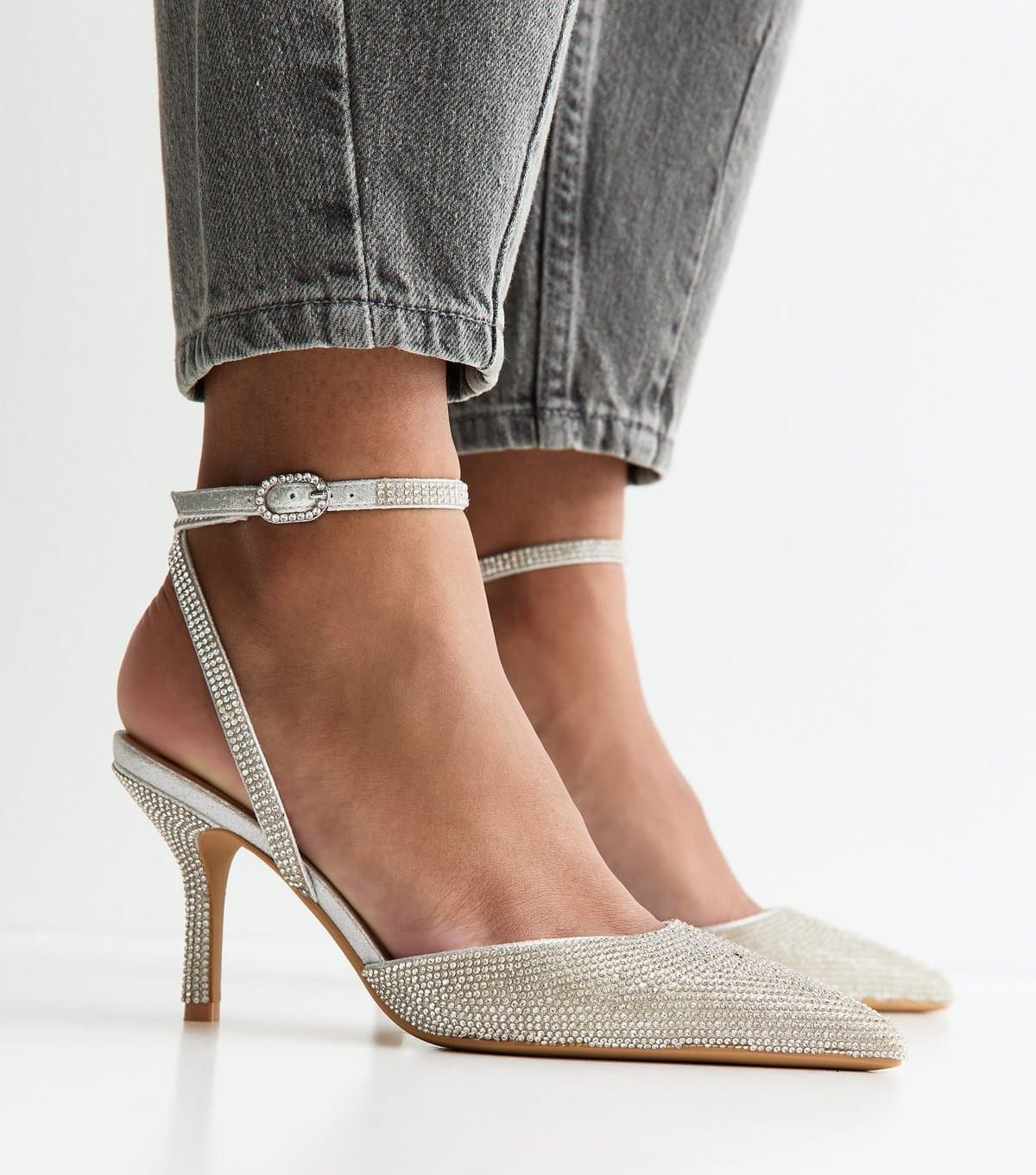 New Look Women's Silver Diamanté Embellished Court Shoes Vegan New Look