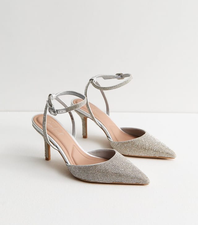 New Look Women's Silver Diamanté Embellished Court Shoes Vegan New Look - 3