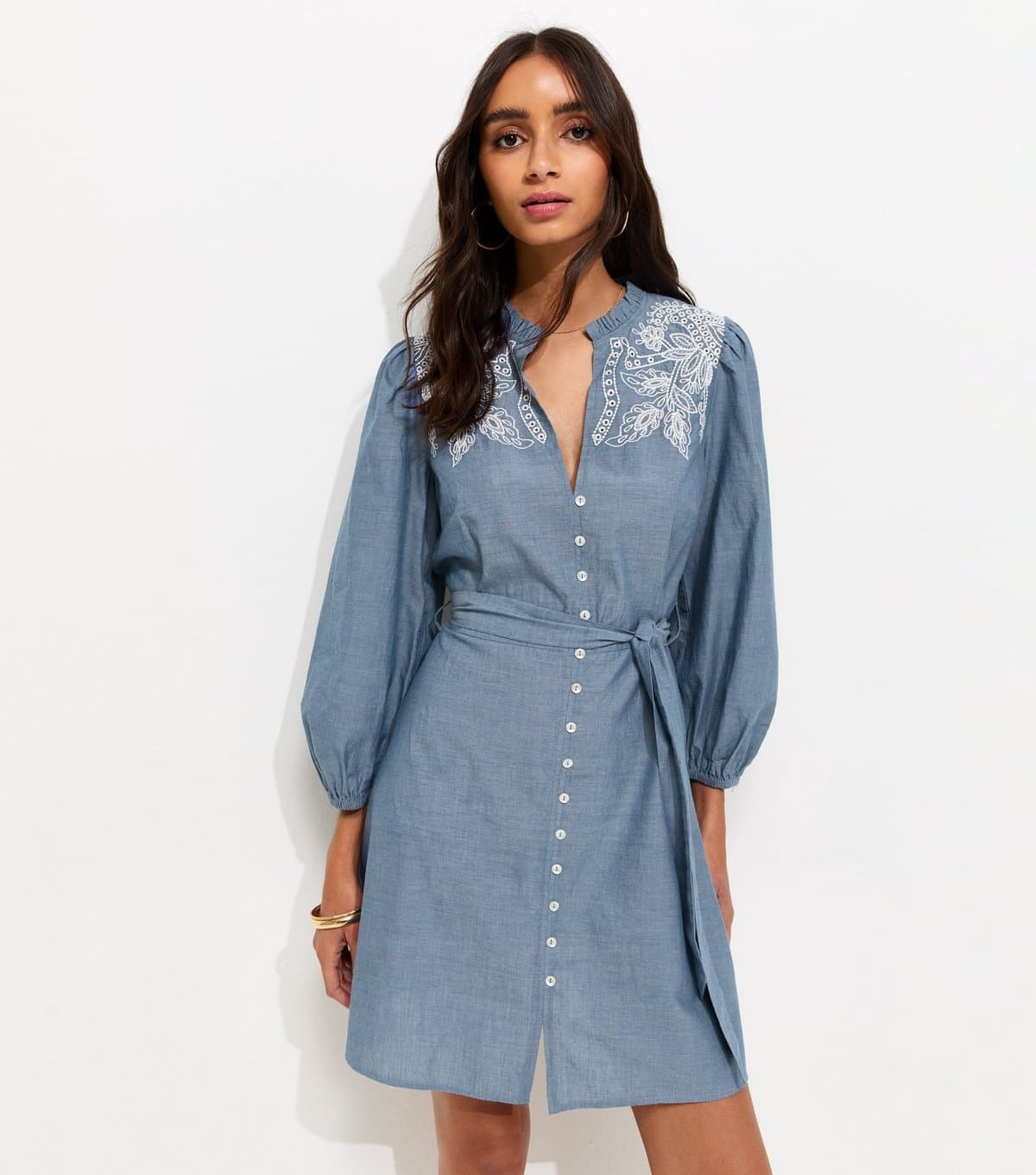 New Look Women's Light Blue Chambray Embroidered Smock Mini Dress New Look