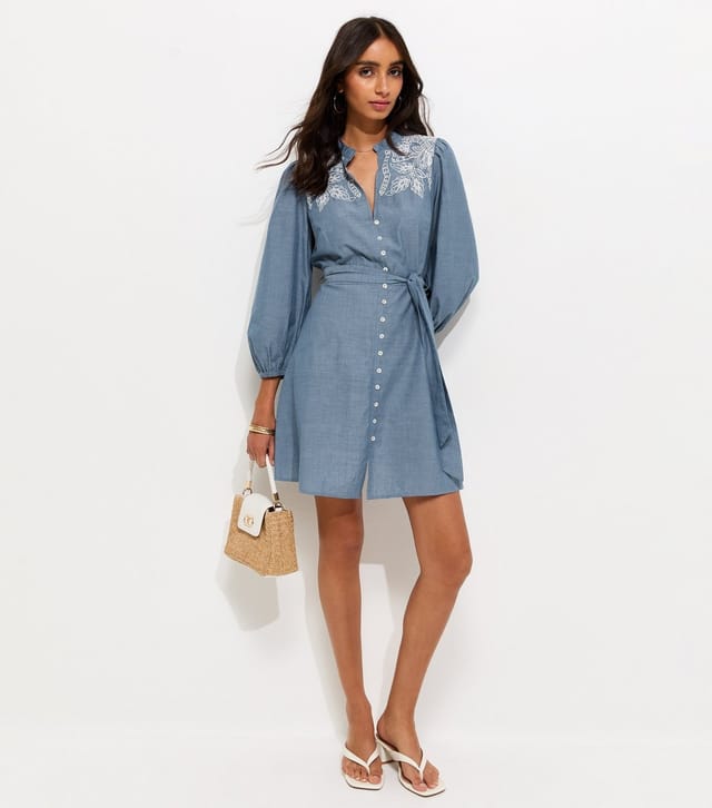 New Look Women's Light Blue Chambray Embroidered Smock Mini Dress New Look - 3