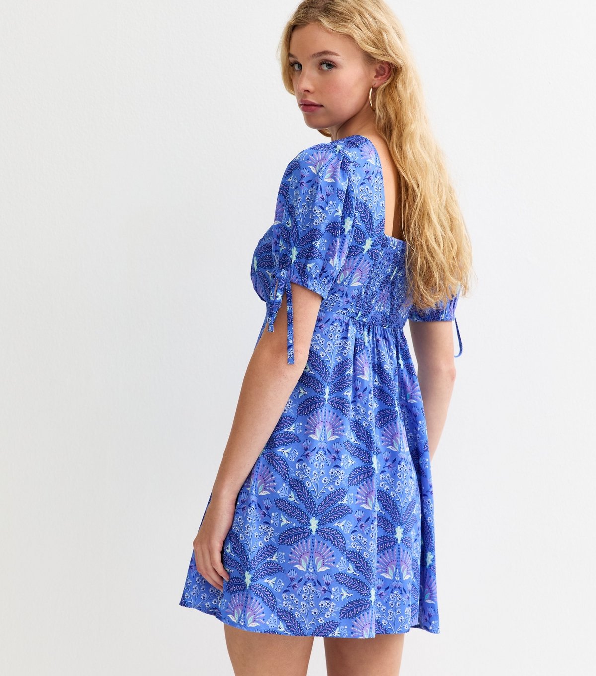 New Look Women's Blue Patterned Tie Sleeve Mini Dress New Look - 4