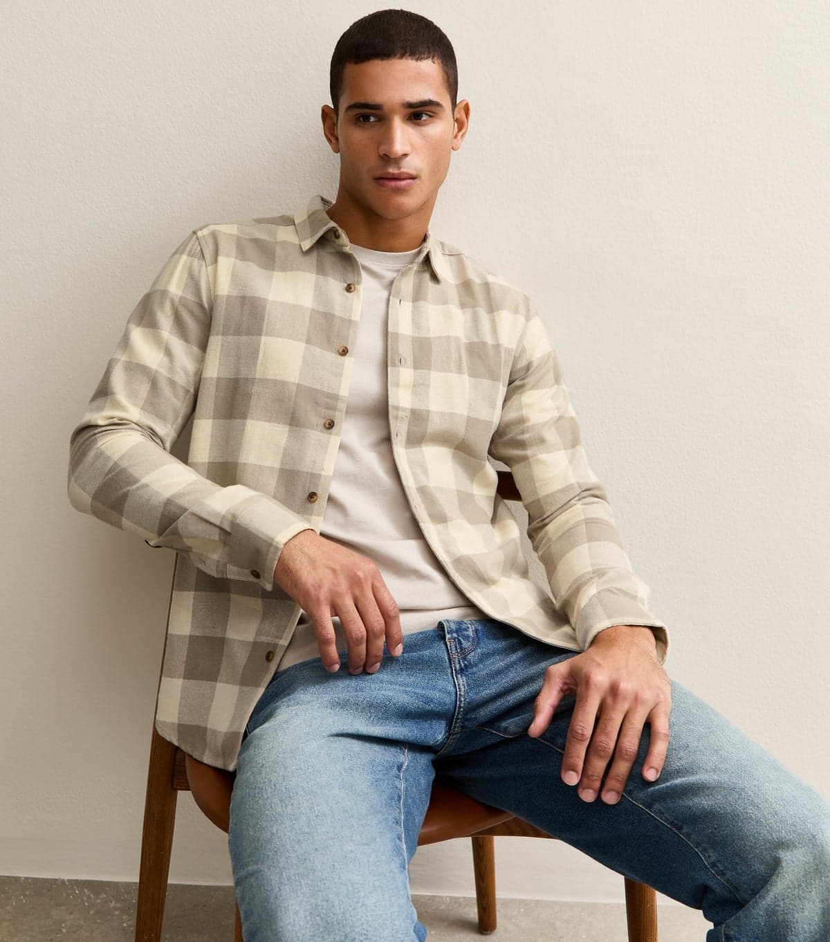 Only and Sons Men's Cream Regular Long Sleeve Checked Shirt Only and Sons New Look