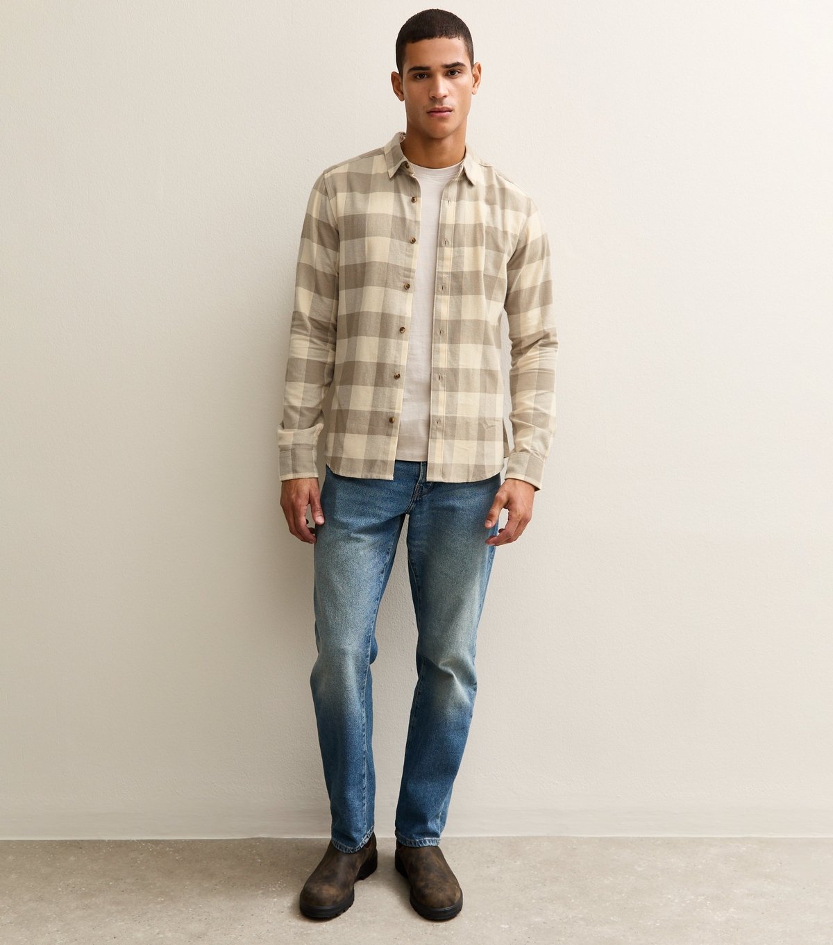 Only and Sons Men's Cream Regular Long Sleeve Checked Shirt Only and Sons New Look - 3