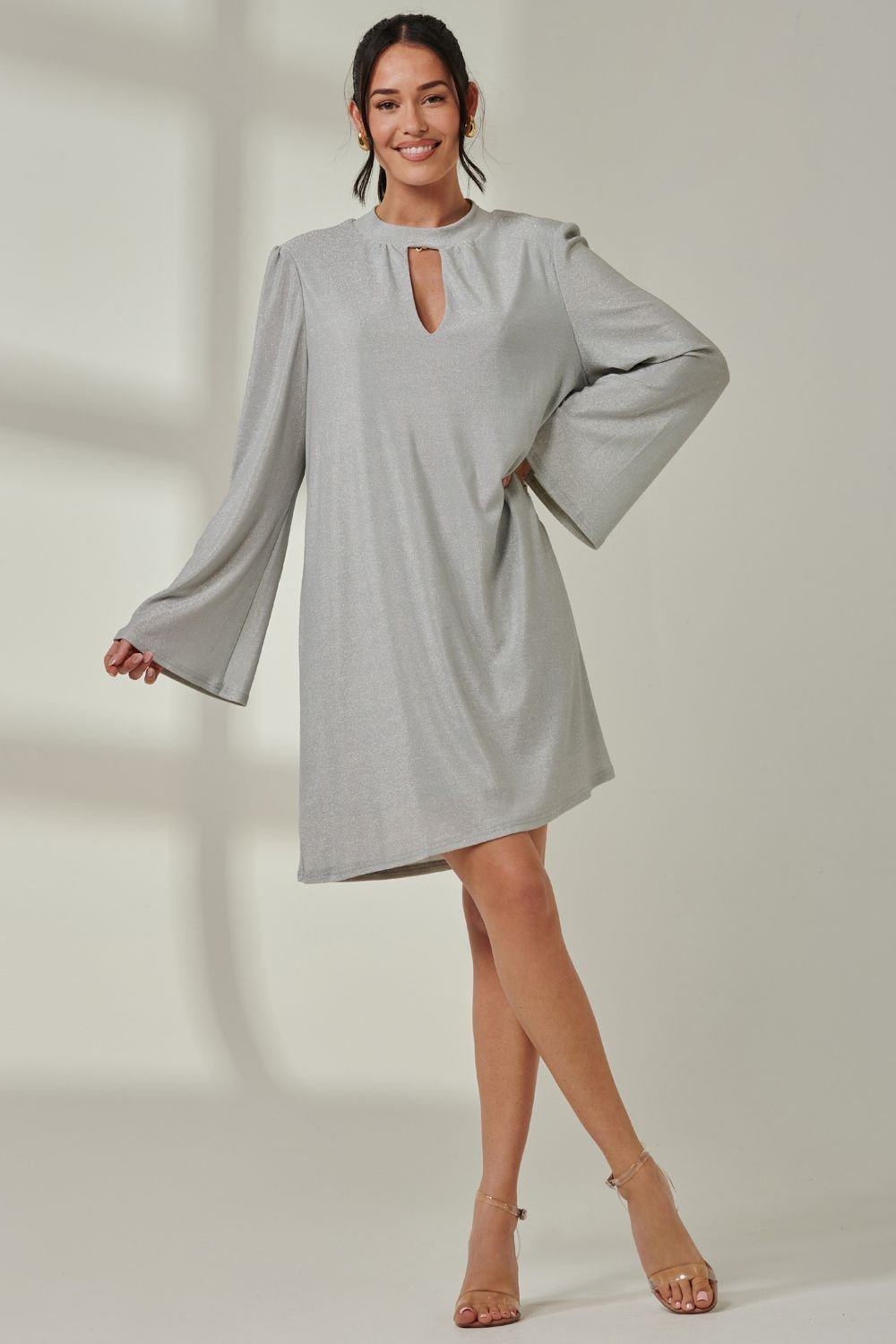 Jolie Moi Jolie Moi Women's Metallic Keyhole Detail Tunic Dress in Silver - 2