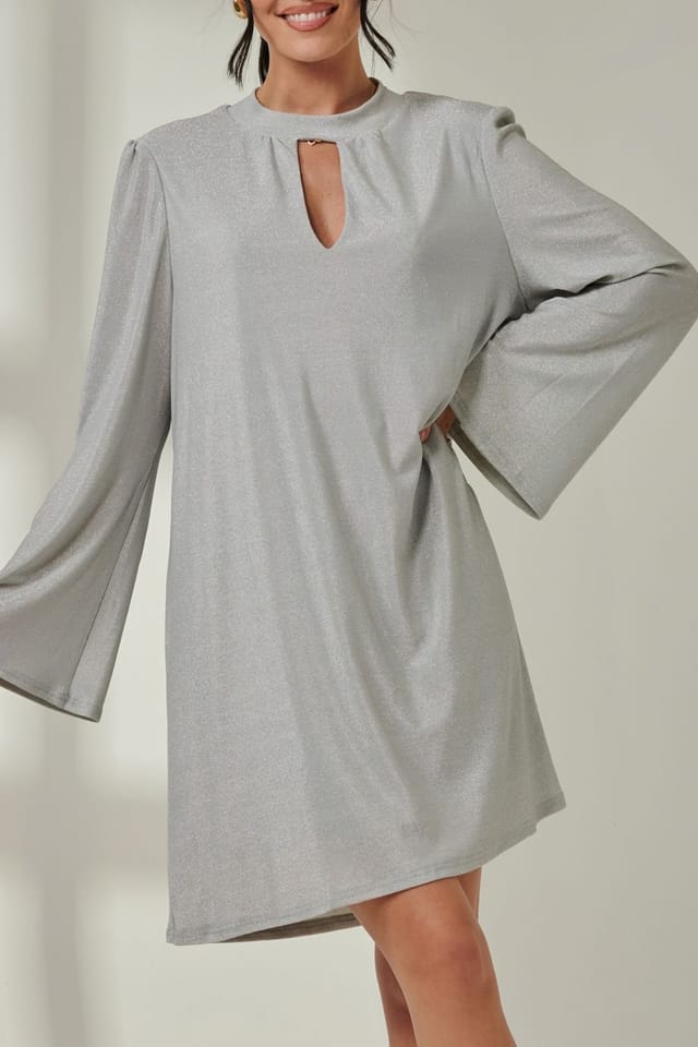 Jolie Moi Jolie Moi Women's Metallic Keyhole Detail Tunic Dress in Silver - 3