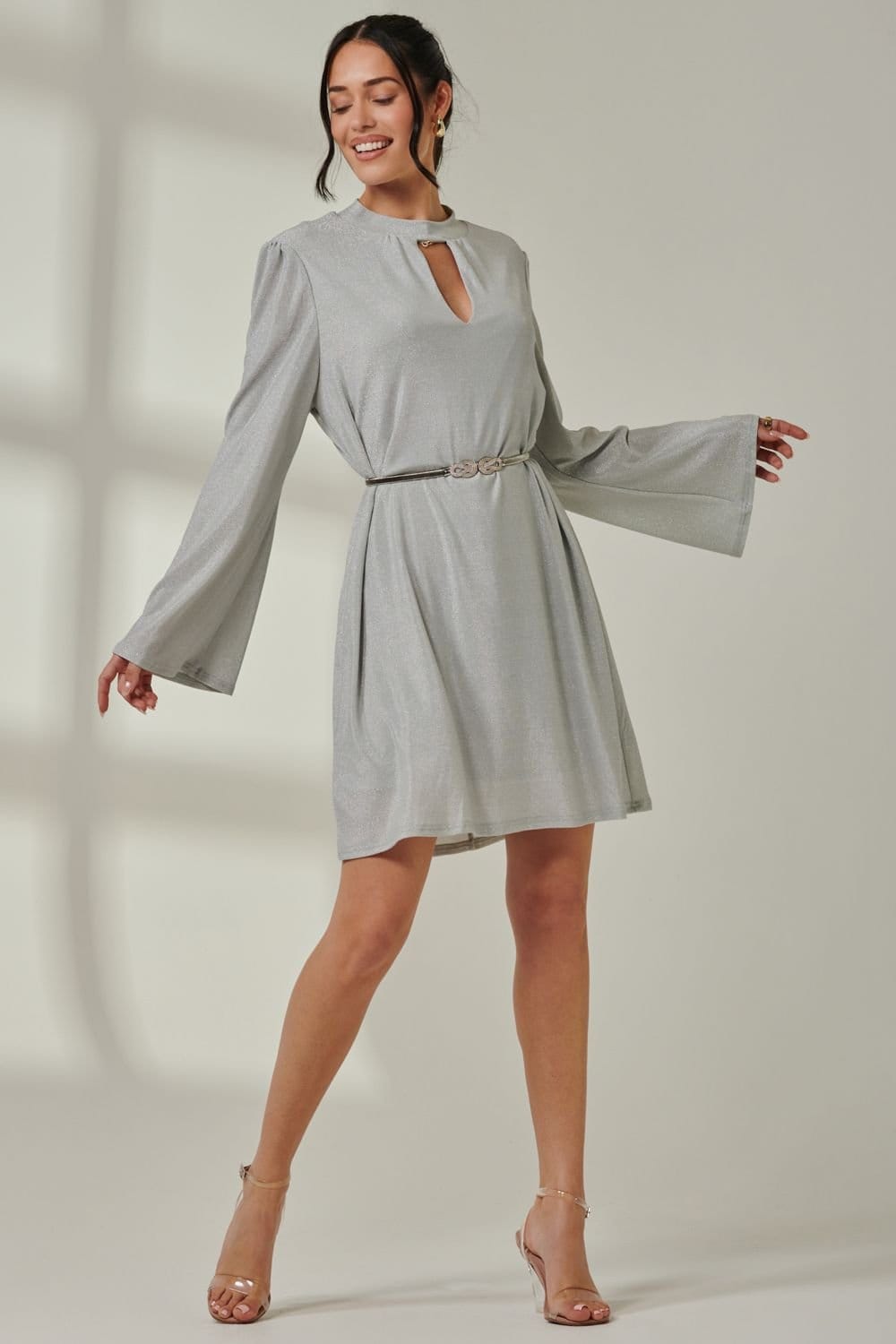 Jolie Moi Jolie Moi Women's Metallic Keyhole Detail Tunic Dress in Silver - 4
