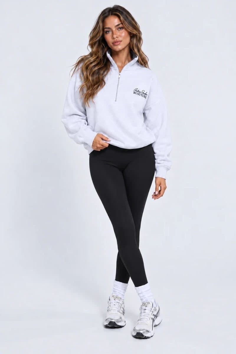 BCouture BCouture Women's Oversized Half-Zip Sweatshirt & Leggings Set in Light Grey