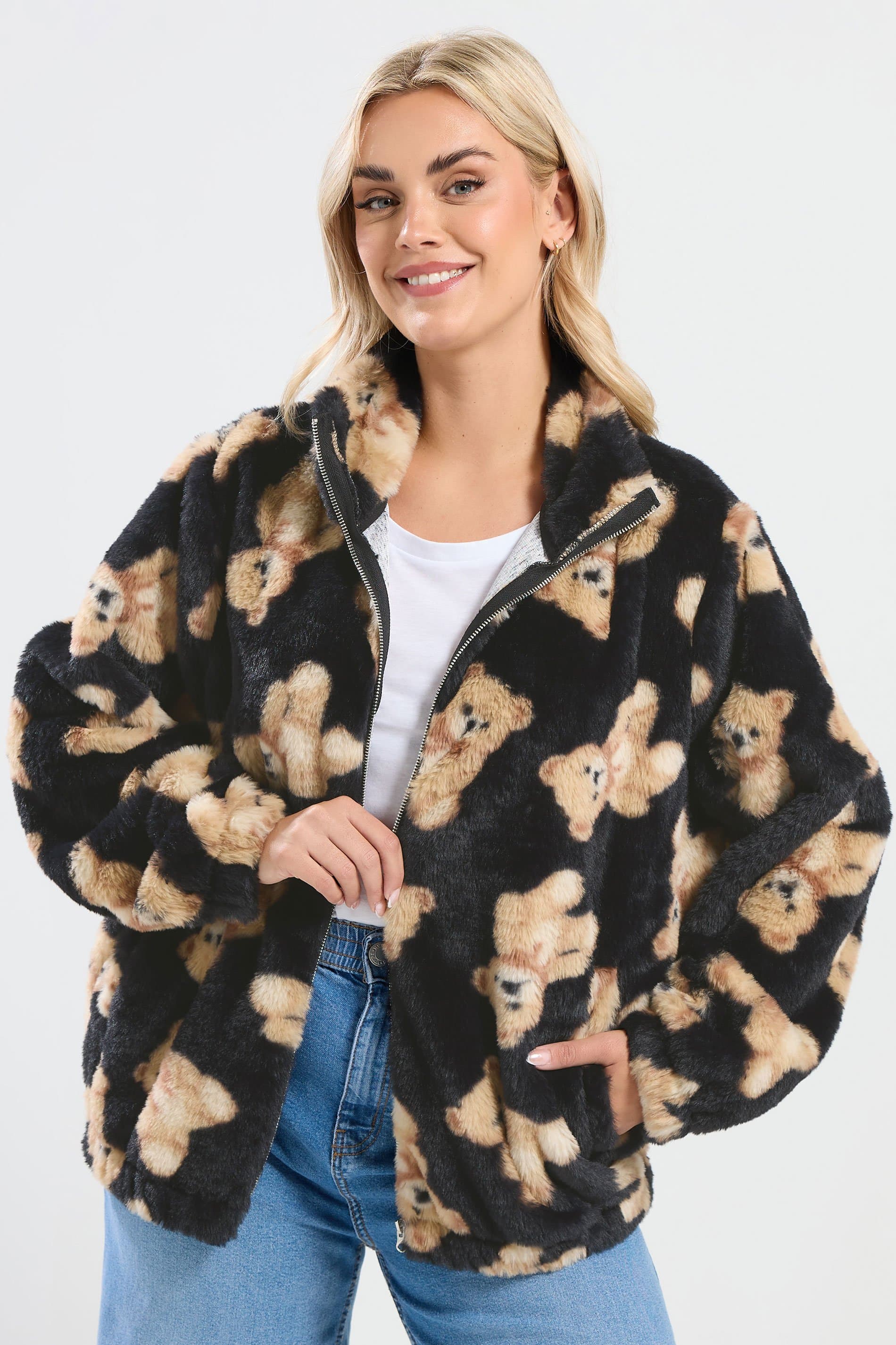 Yours Plus Size Black Teddy Bear Faux Fur Fleece Jacket