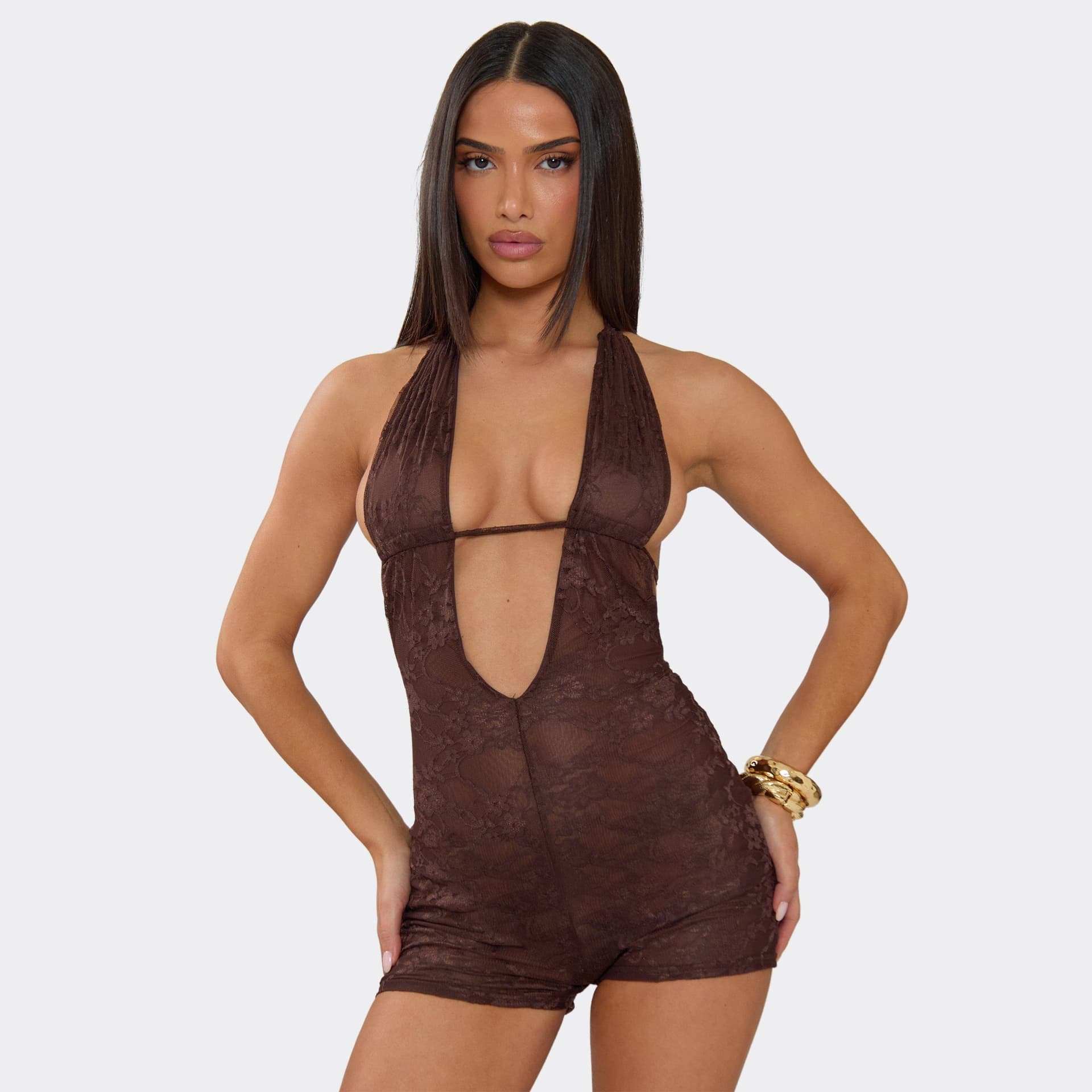 EGO Plunge Halterneck Open Back Playsuit In Brown Lace, Women's Size UK 6