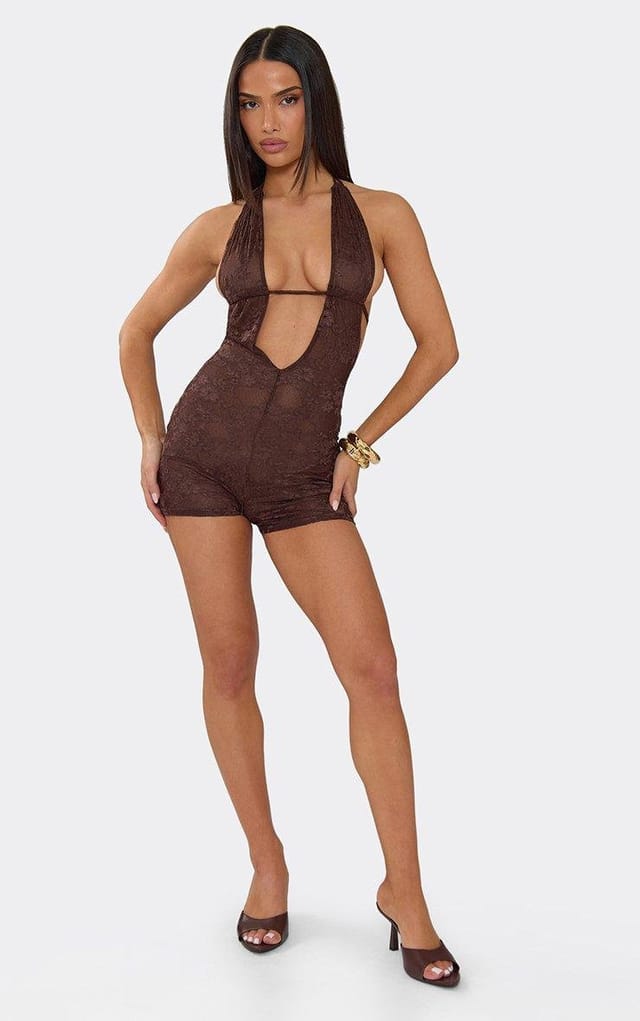 EGO Plunge Halterneck Open Back Playsuit In Brown Lace, Women's Size UK 6 - 2