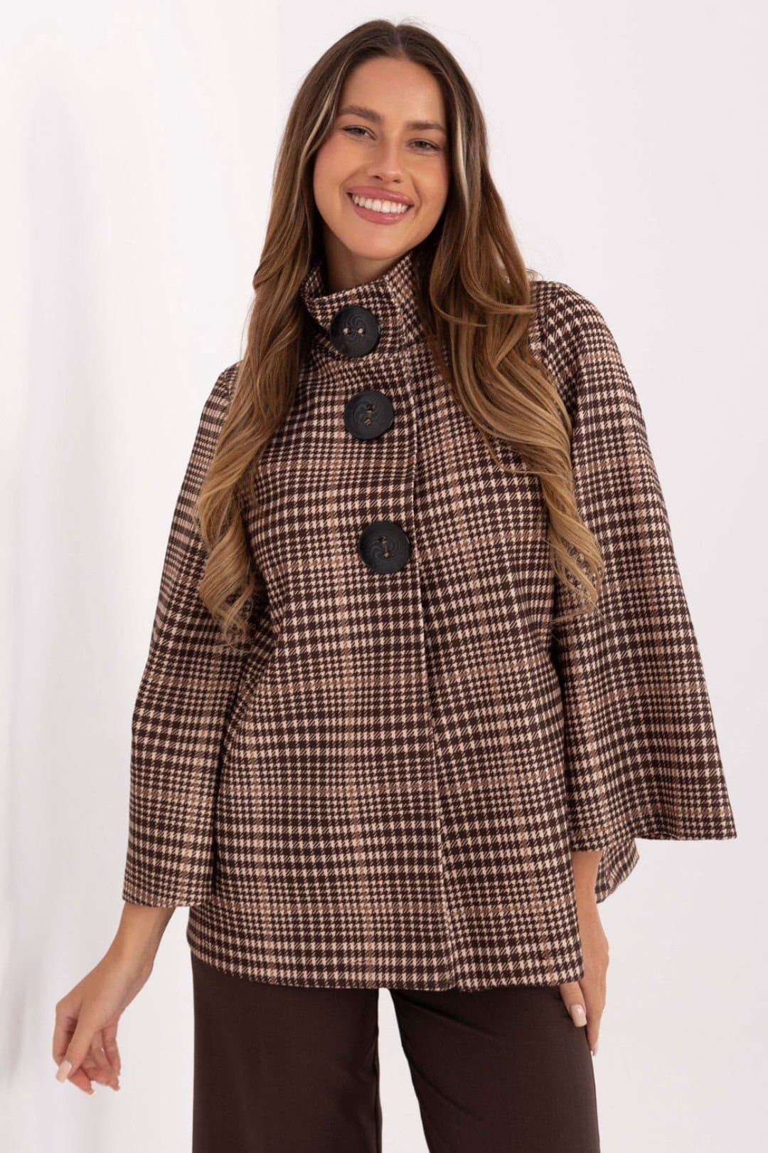 Love Lace Love Lace Women's Timeless Checkered Polyester Coat with Collar in Brown