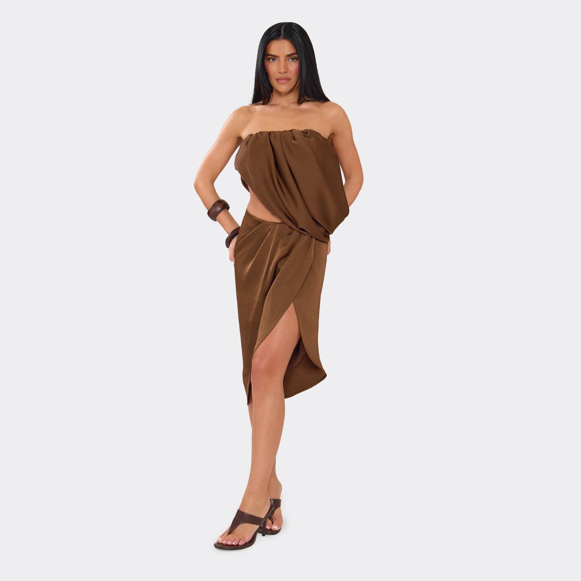 EGO Ruched Waist Side Split Asymmetric Midi Skirt In Chocolate Brown Satin, Women's Size UK 6