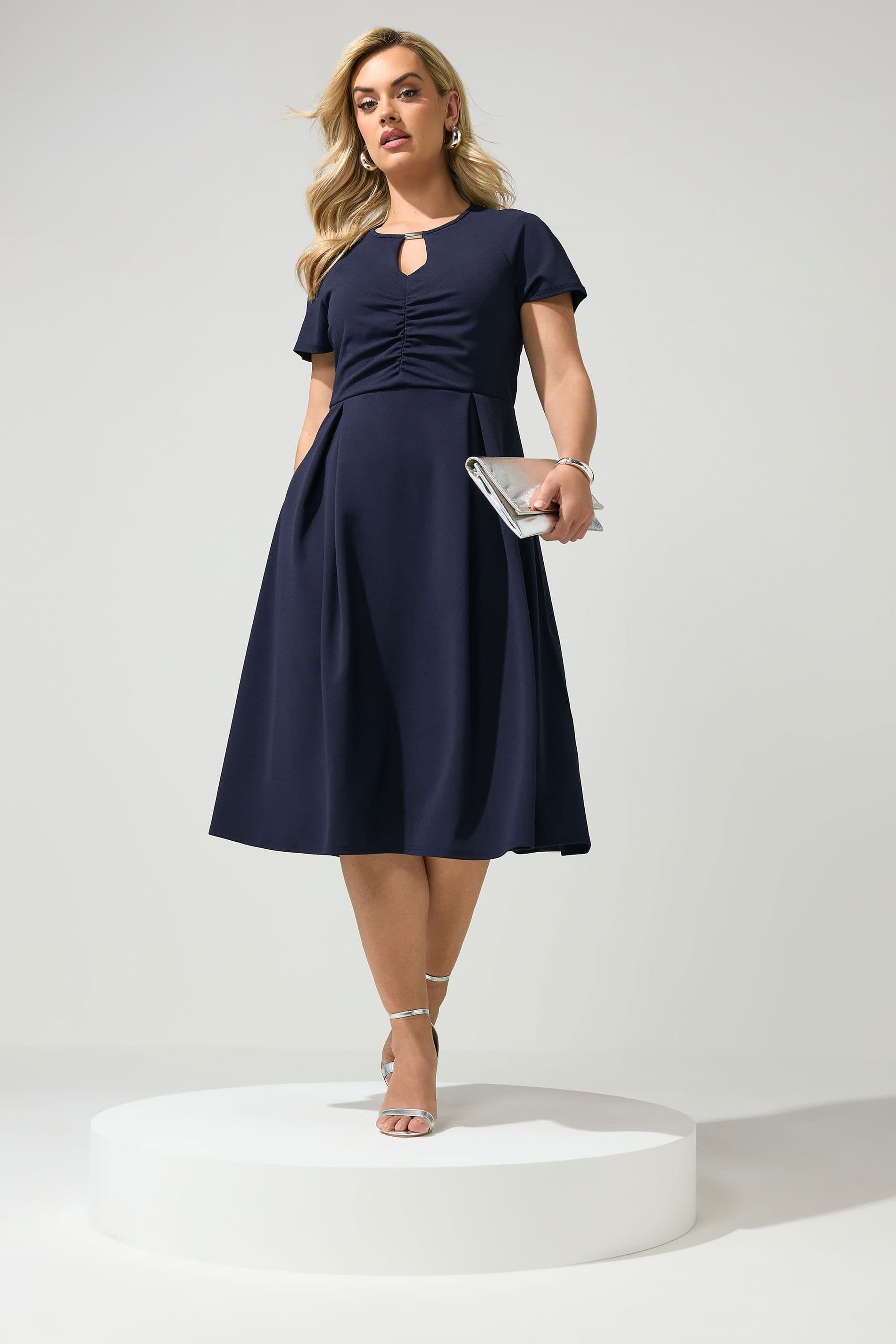 Yours Yours Women's Keyhole Skater Midi Dress in Mid Navy