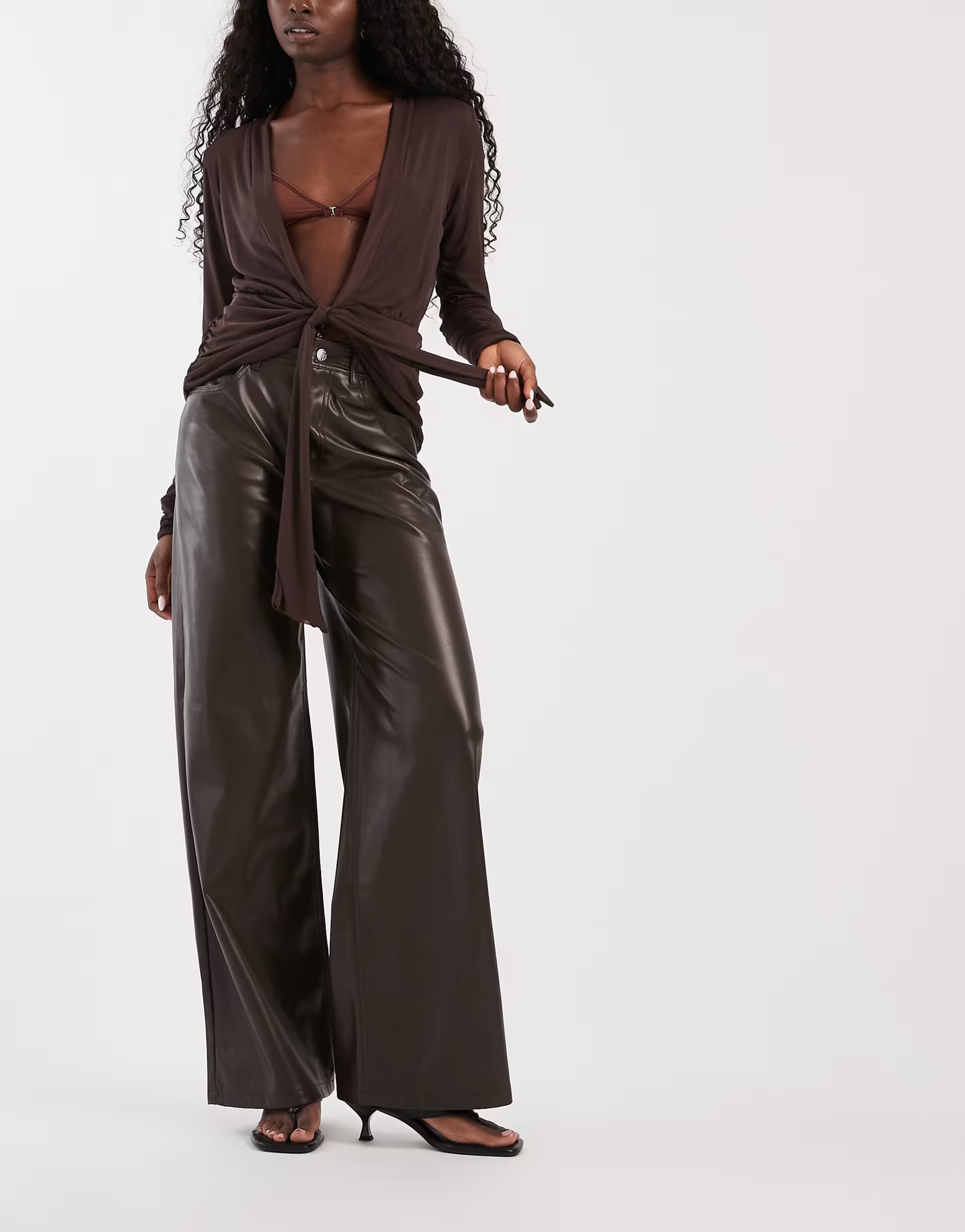 ASOS ASOS Faux Leather Wide Leg Trousers In Brown