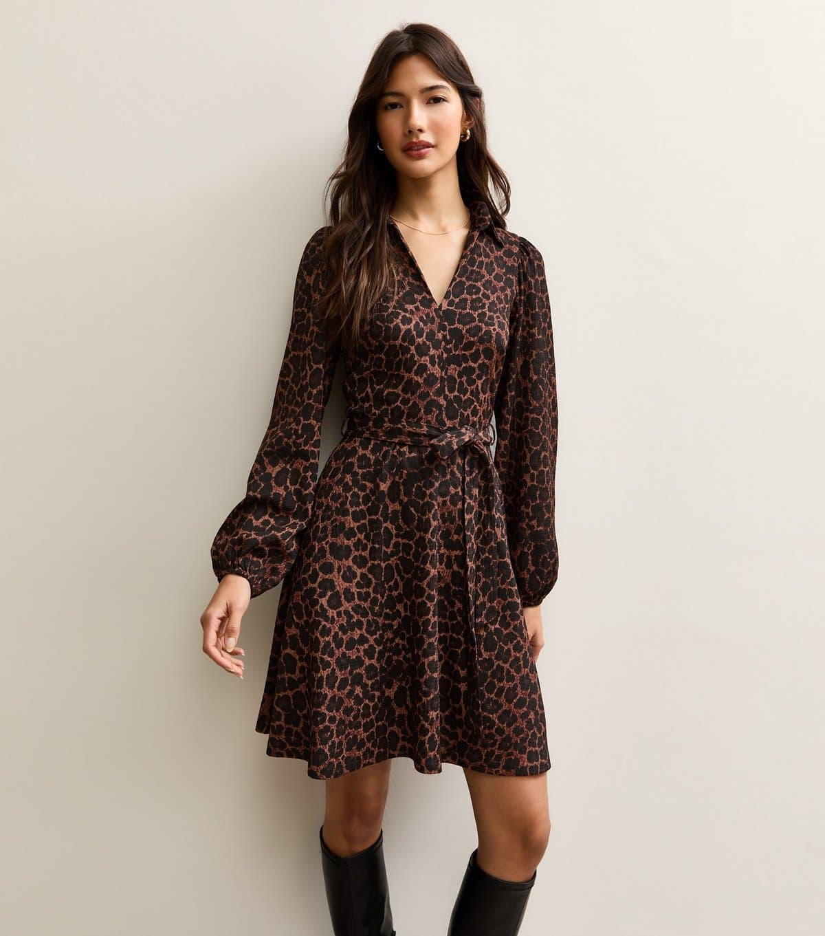 New Look Women's Brown Animal Print Long Sleeve Mini Dress New Look