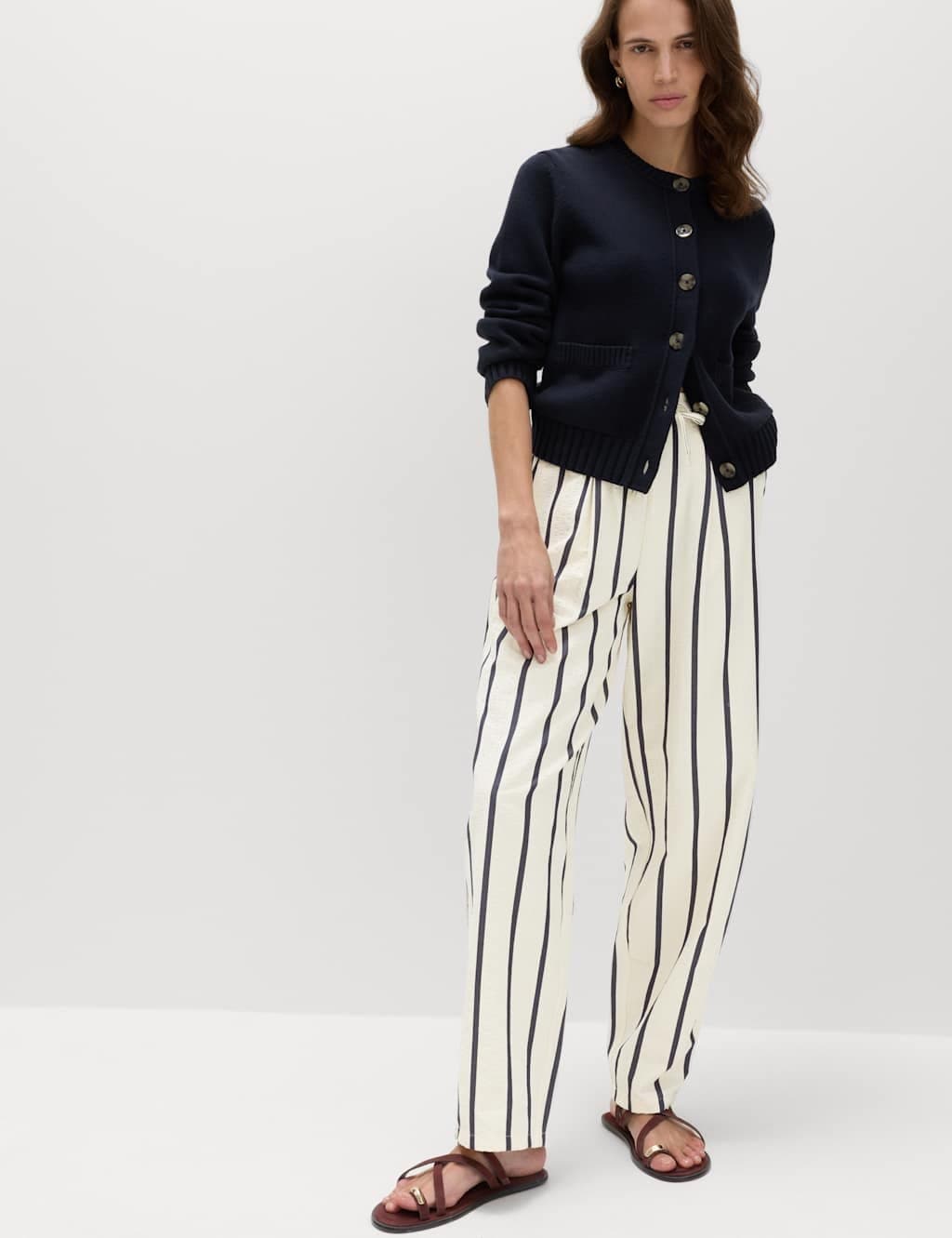 Marks & Spencer M&S White Mix Seersucker Striped Trousers