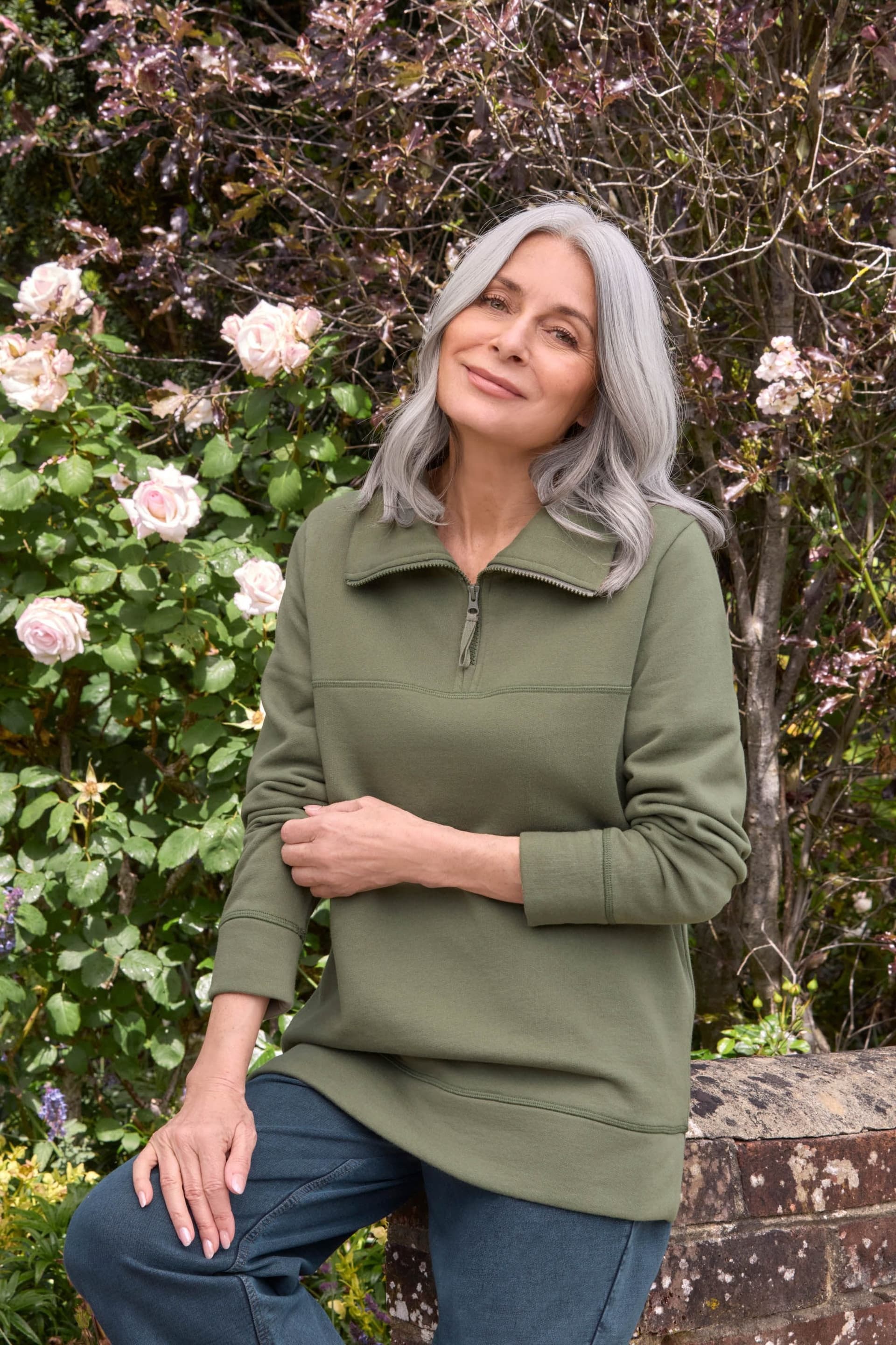 WoolOvers WoolOvers Women's Half Zip Sweatshirt Cotton in Khaki