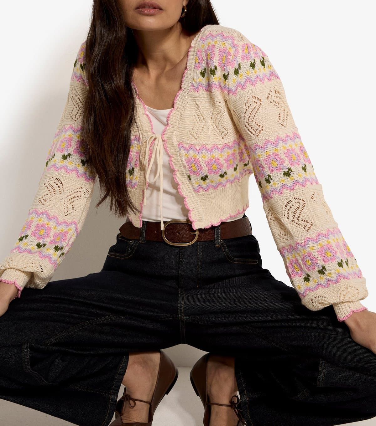 Apricot Women's Stone Pointelle Knit Floral Pattern Cardigan Apricot New Look