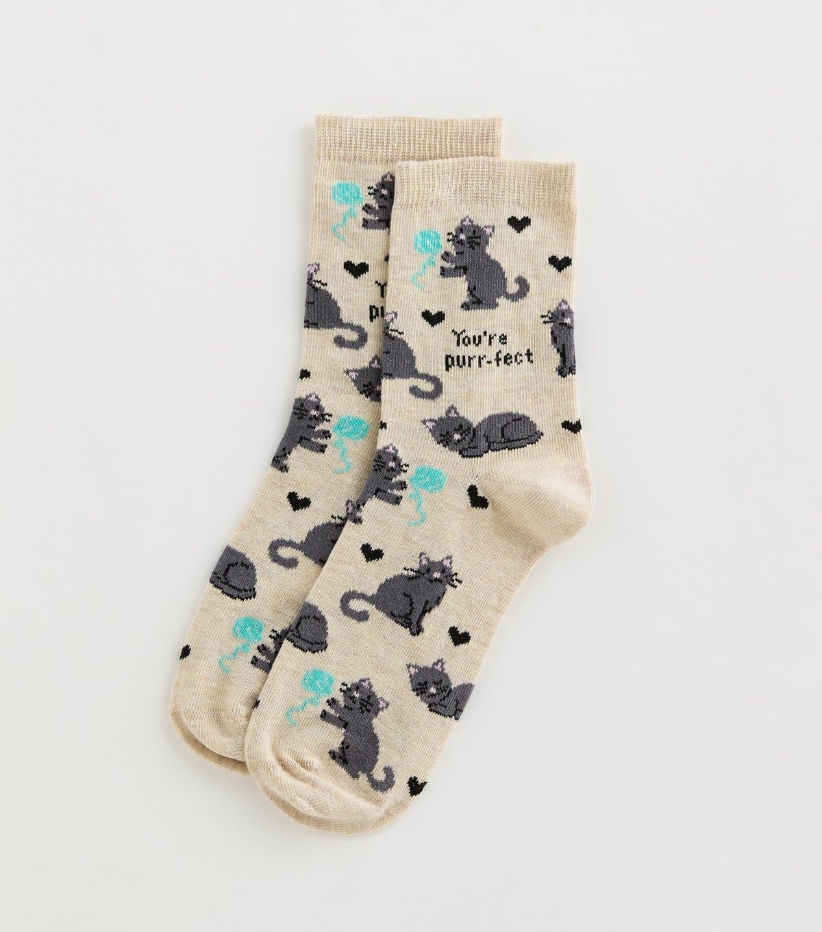 New Look Oatmeal You're Purrfect Cat Patterned Ankle Socks New Look