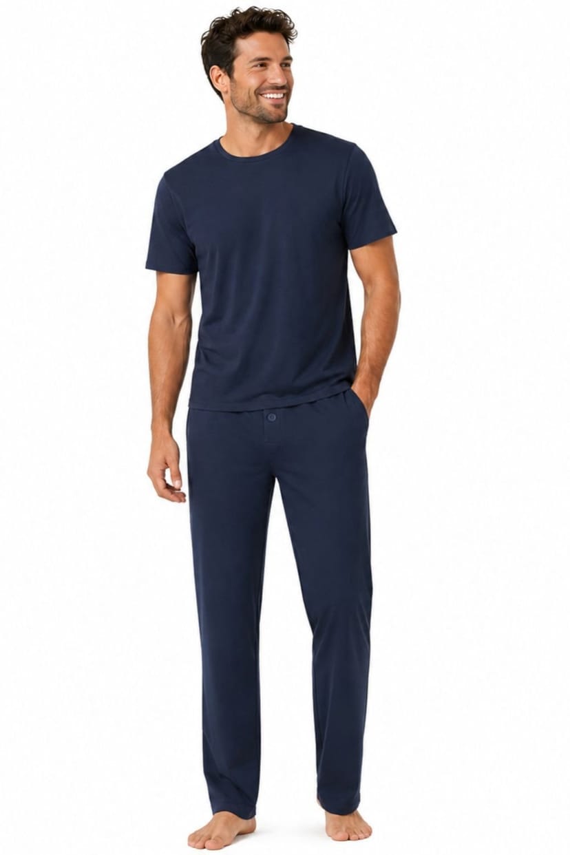 Light & Shade Light & Shade Men's Crew Neck Tee & Trouser Pyjama Set in Navy - 1