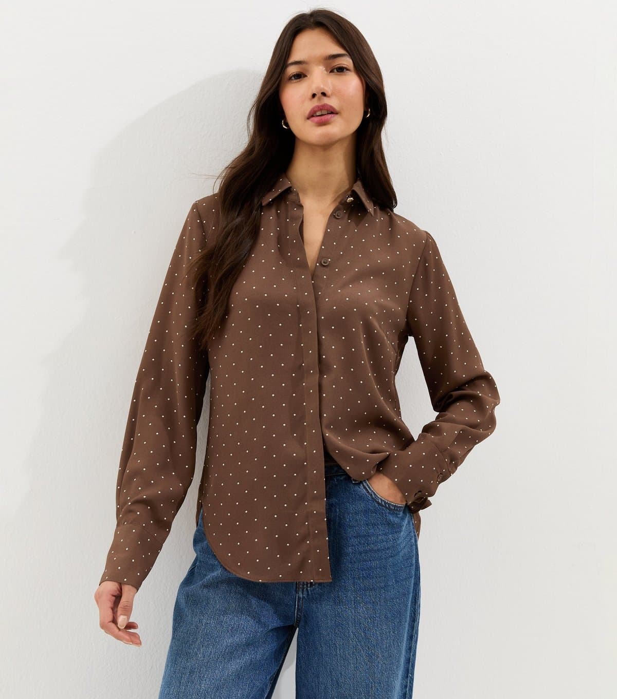 New Look Women's Brown Spot Print Long Sleeve Satin Shirt New Look