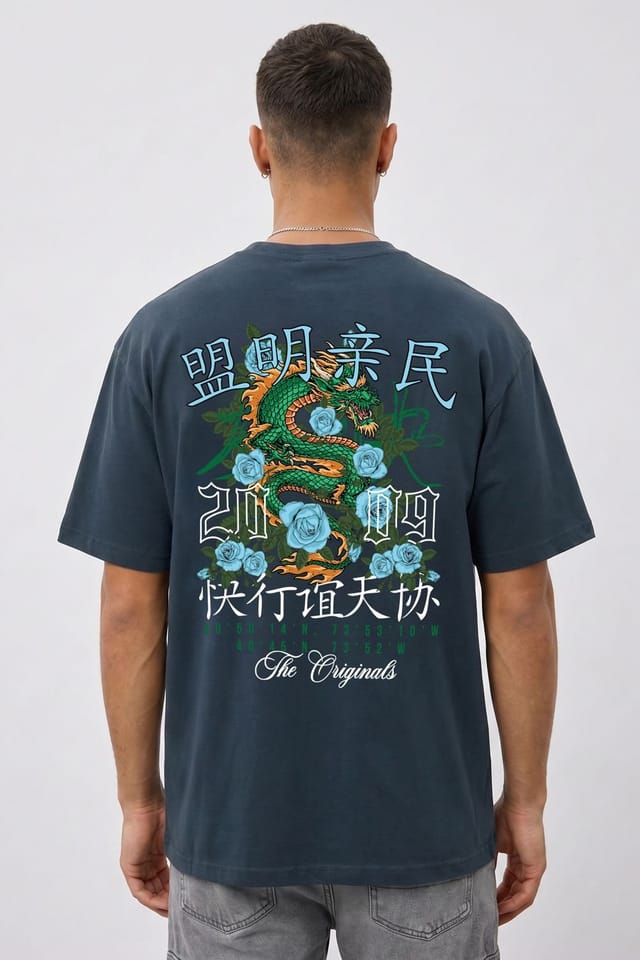 LONDON ATTITUDE LONDON ATTITUDE Men's Original Creators Dragon Graphic Heavyweight Oversized T-Shirt in Blue - 2