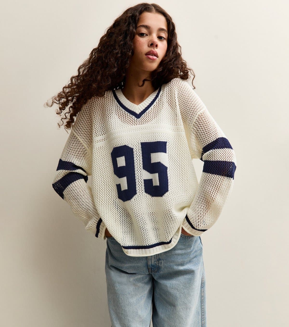 New Look Girls' Cream Mesh Knit V-Neck Football Jumper New Look