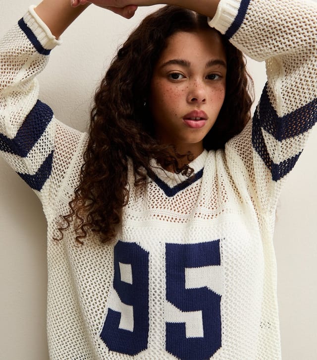 New Look Girls' Cream Mesh Knit V-Neck Football Jumper New Look - 2