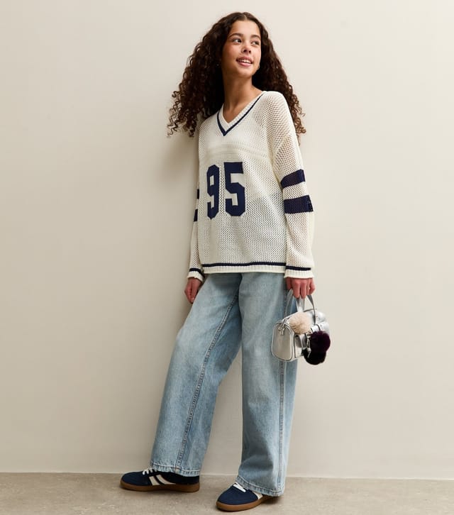 New Look Girls' Cream Mesh Knit V-Neck Football Jumper New Look - 3