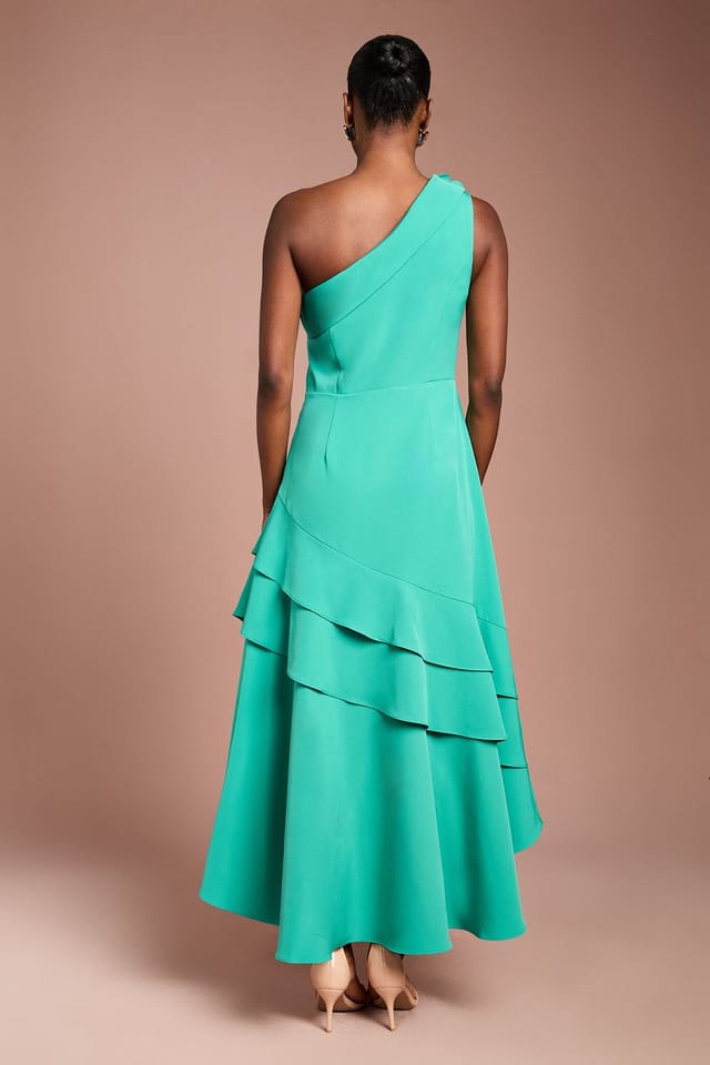 Coast Coast Women's One Shoulder Corsage Ruffle Crepe Midi Dress in Teal - 3