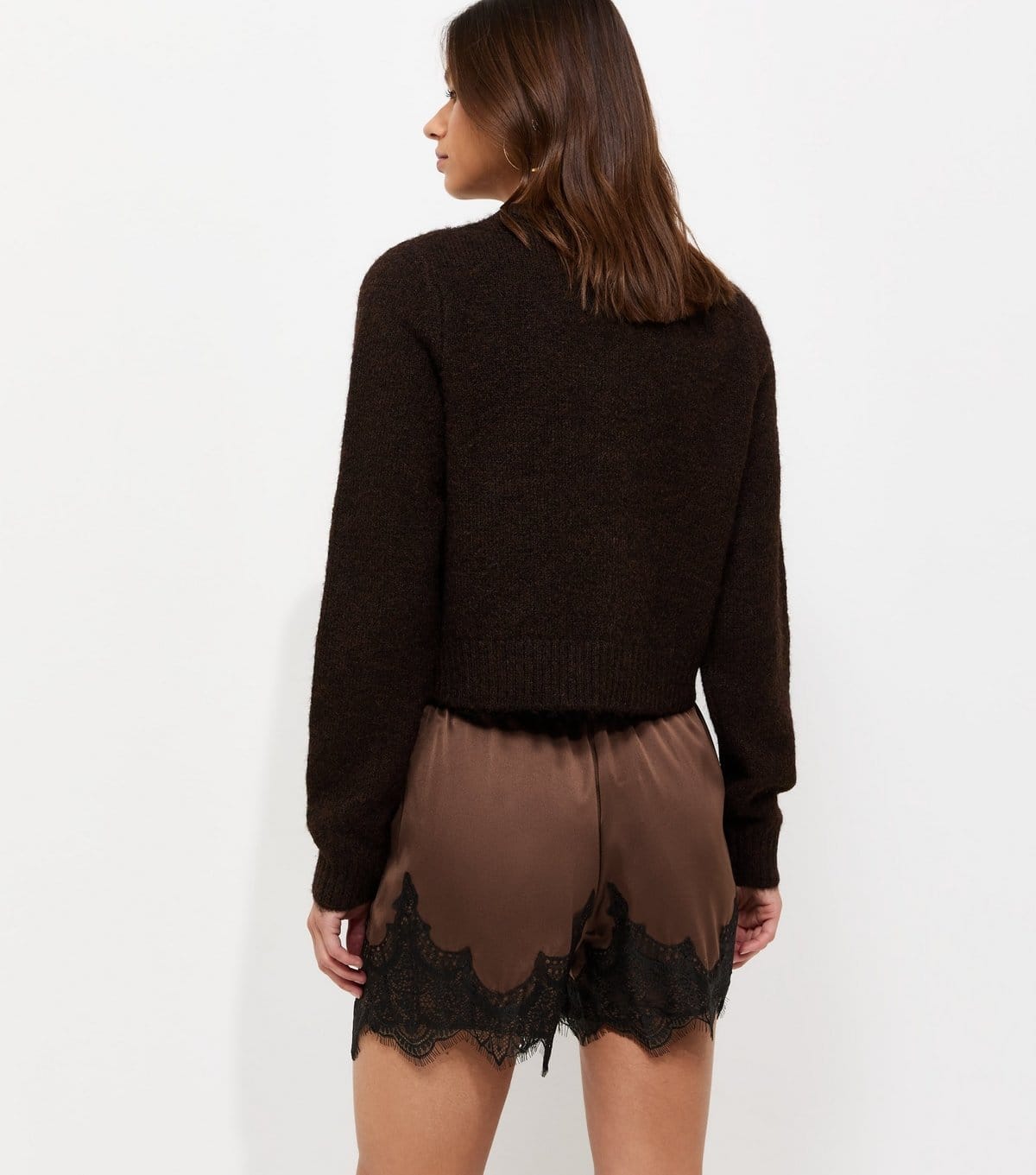 New Look Women's Brown Satin Tie Lace Trim Shorts New Look - 4