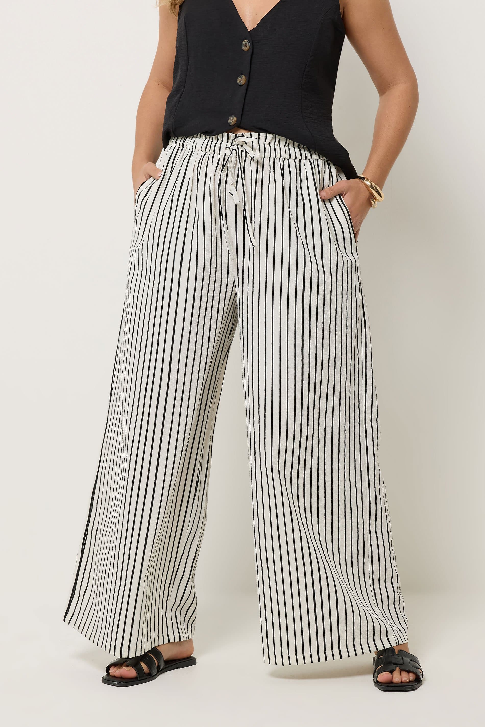 Yours Plus Size White Stripe Paper Bag Waist Trousers