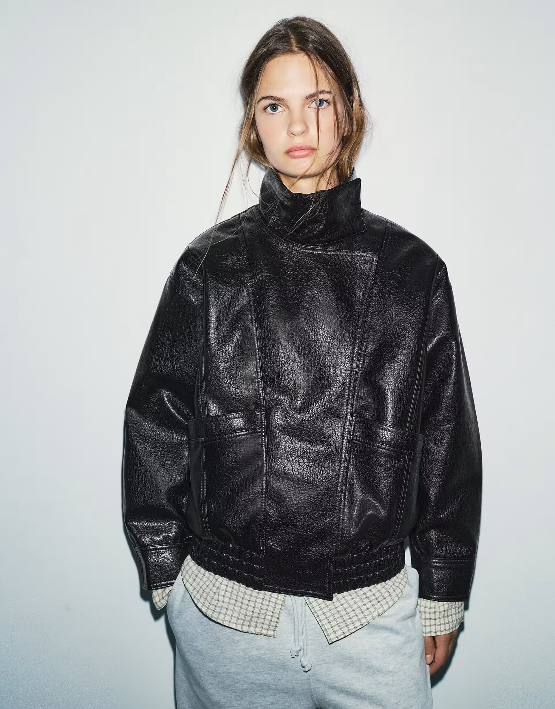 ASOS Pull&Bear Leather effect boxy jacket in black