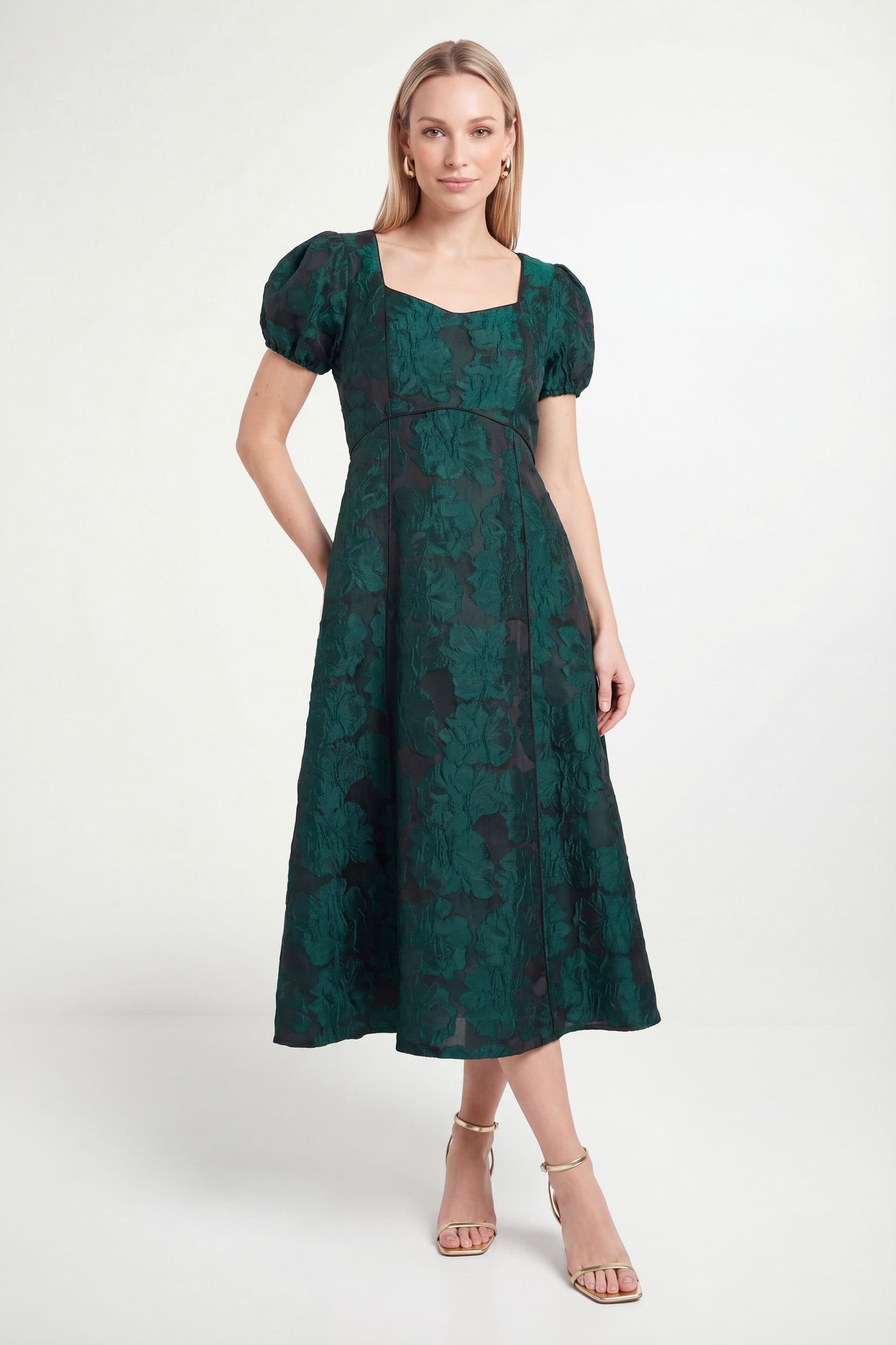 Wallis Wallis Women's Petite Jacquard Contrast Detail Midi Dress in Emerald