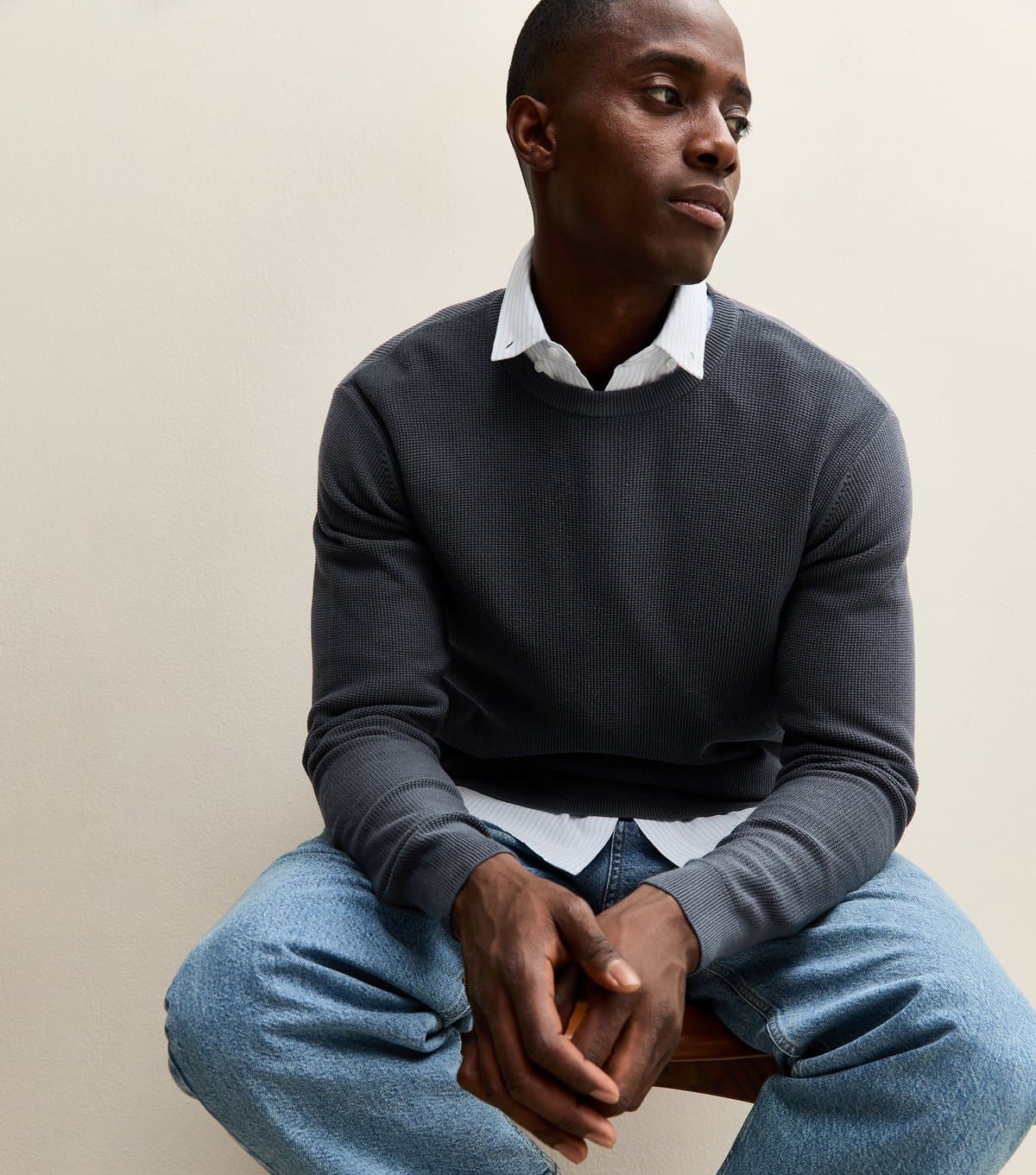 New Look Men's Dark Blue Regular Textured Crew neck Jumper New Look