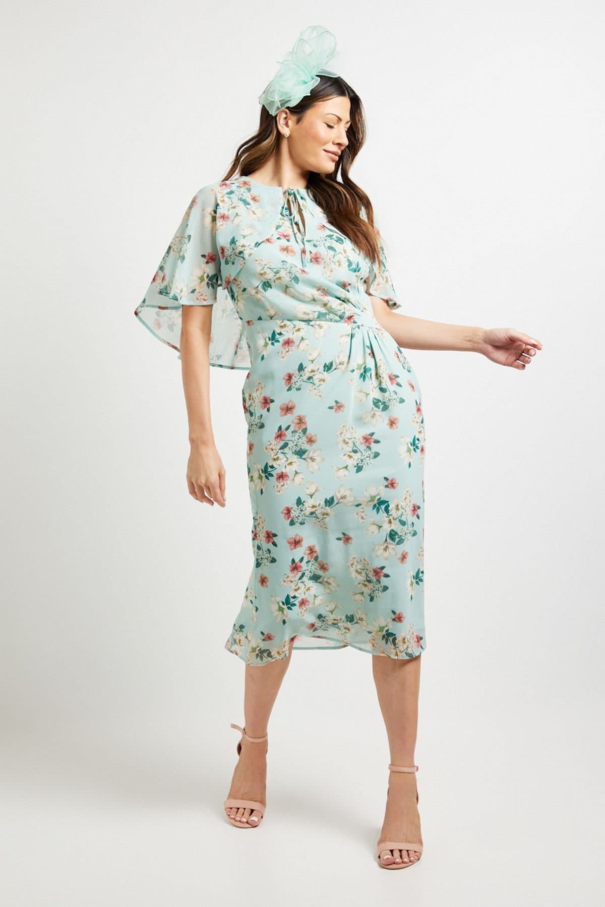 Wallis Wallis Women's Cape Sleeve Ruched Midi Dress in Sage