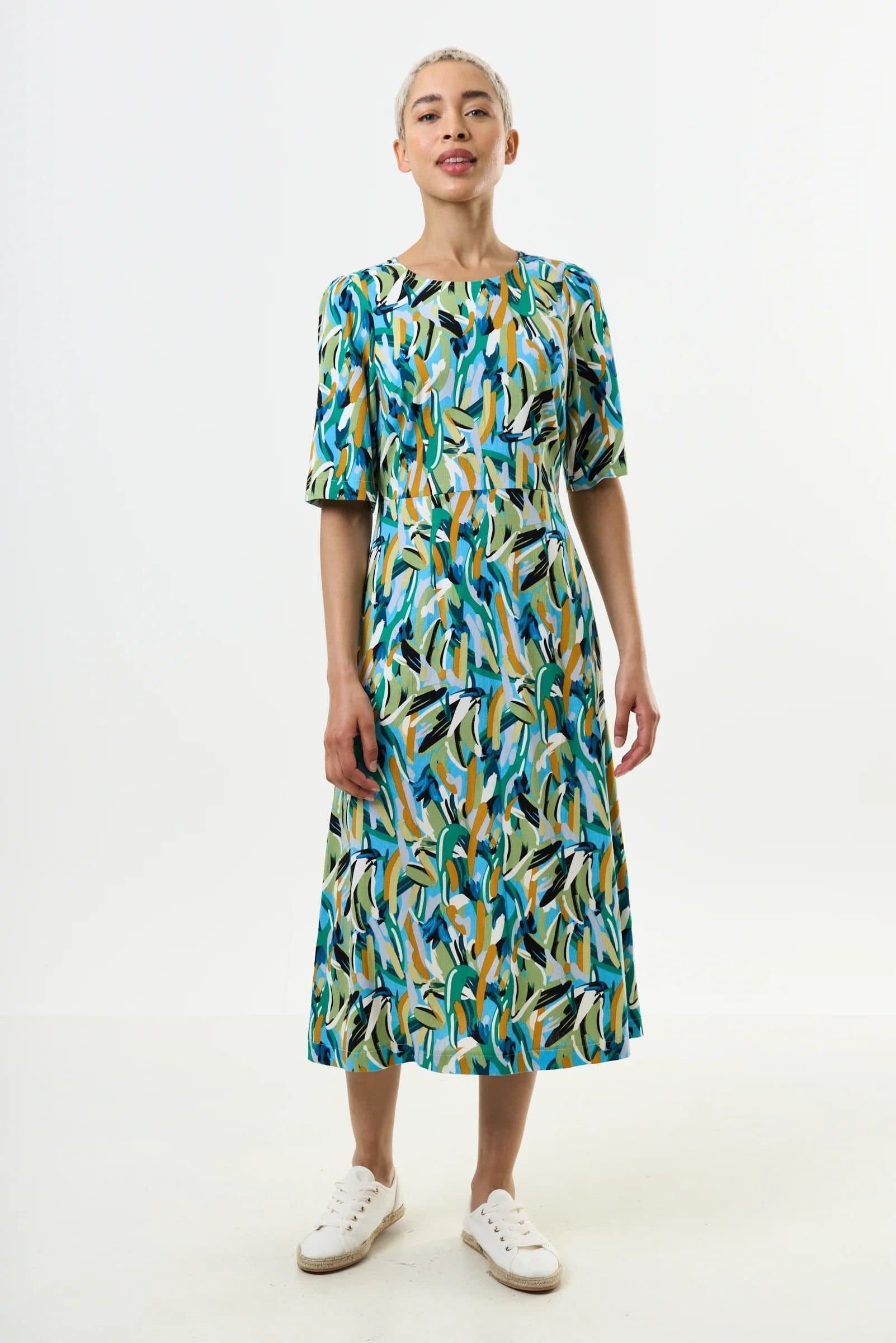 Louche Louche Women's Corrine Brushstroke Print Short Sleeve Midi Dress - Green