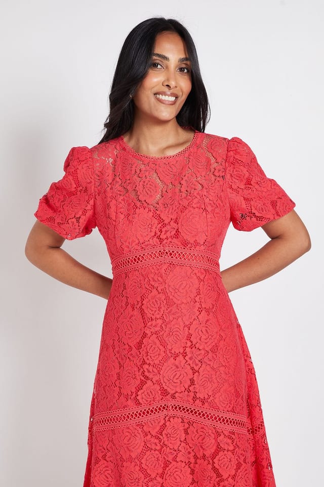Wallis Wallis Women's Petite Lace Puff Sleeve Midi Dress in Pink - 2
