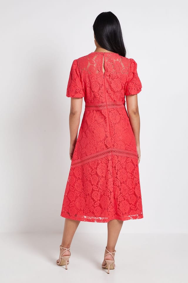 Wallis Wallis Women's Petite Lace Puff Sleeve Midi Dress in Pink - 3