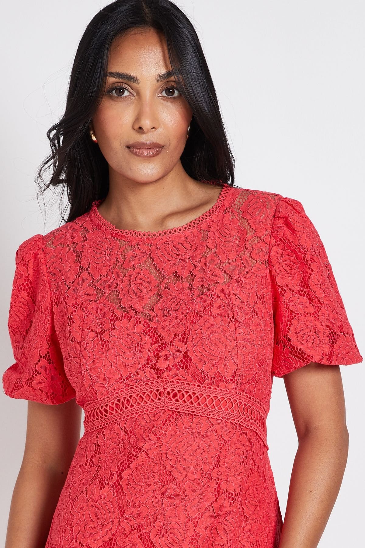 Wallis Wallis Women's Petite Lace Puff Sleeve Midi Dress in Pink - 4
