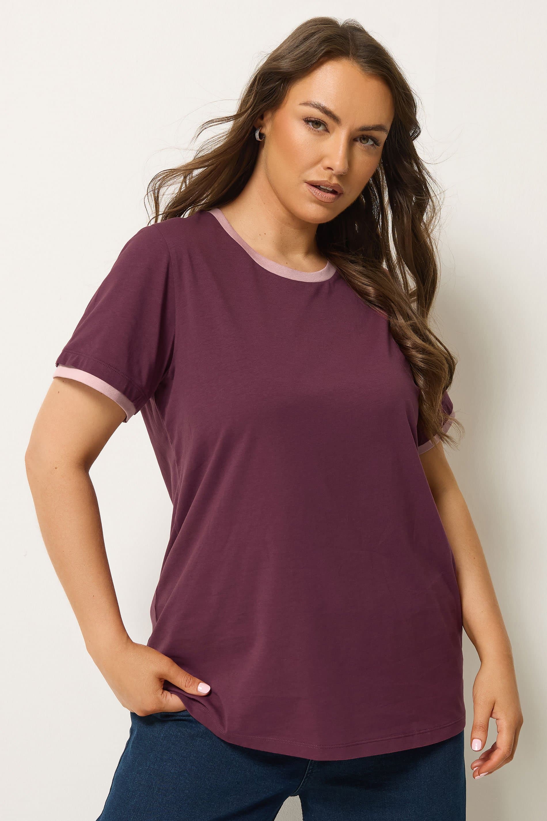 Yours Plus Size Purple Contrast Trim Tshirt