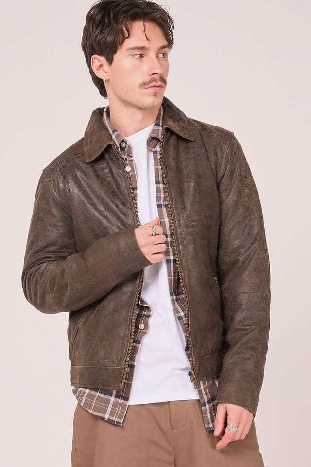 Barneys Originals Barneys Originals Men's Real Leather Harrington in Brown - 2