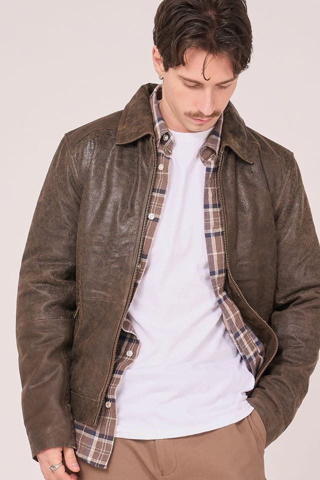 Barneys Originals Barneys Originals Men's Real Leather Harrington in Brown - 3