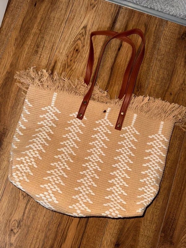 ASOS Beige Holiday Beach Bag – White Thread Pattern, Brown Straps & Fringe Detail – Great Condition