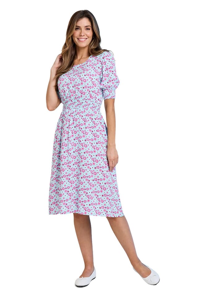 Amber Amber Women's Smock Cuff & Waist Print Viscose Dress in Light Blue - 2